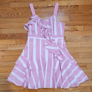 Cute Baby Pink Striped Asymmetrical Ruffle Mini Dress